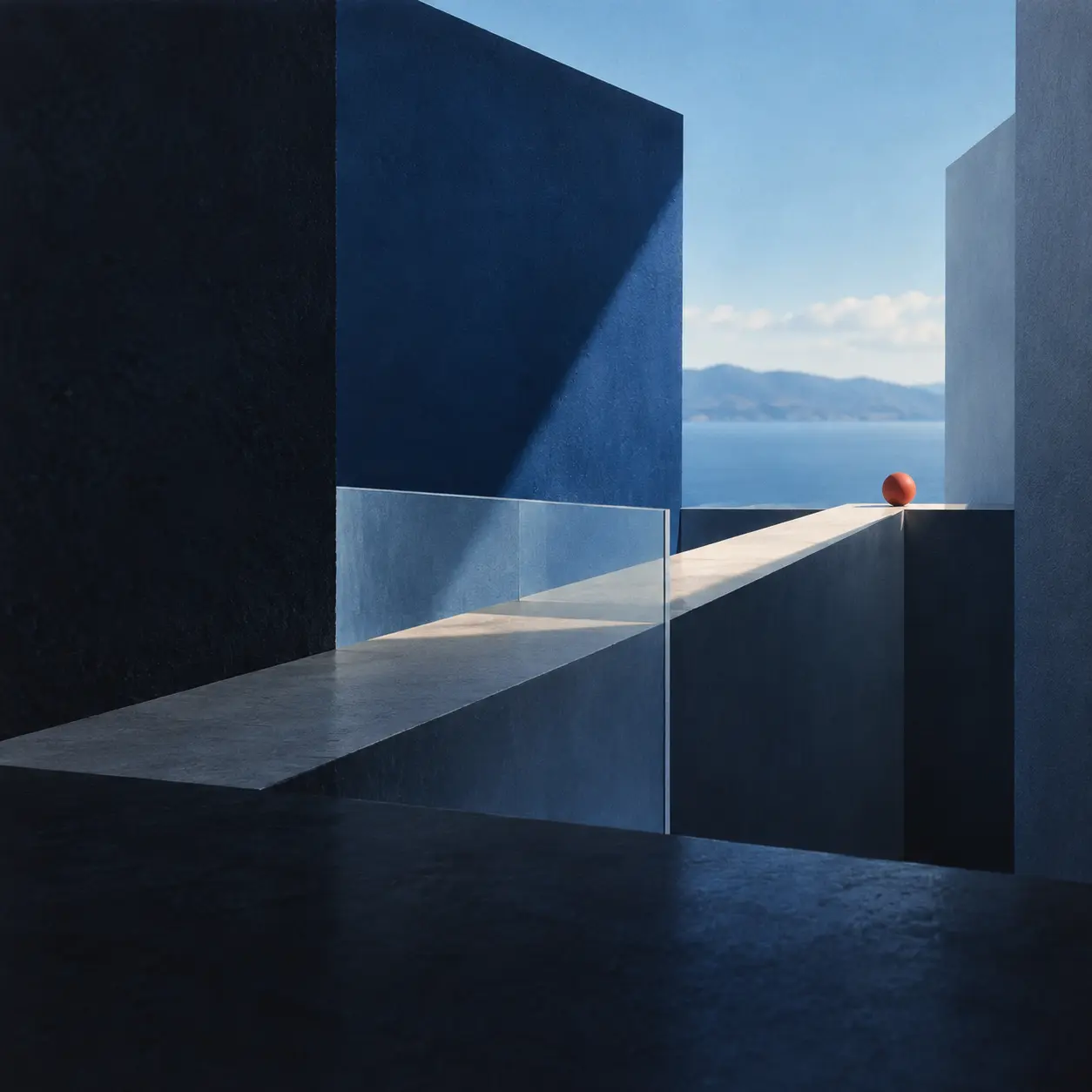 An abstract architectural path opening toward blue light
